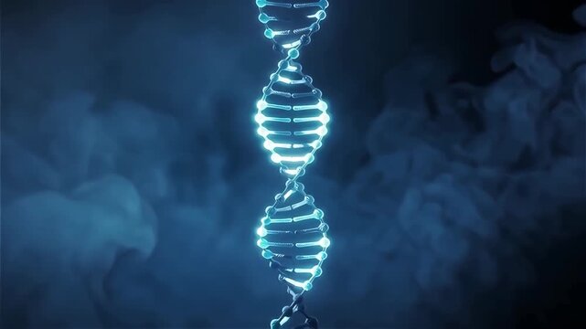 Glowing blue double helix DNA strand against a dark, smoky blue background, representing genetic structure.