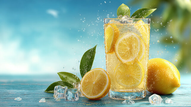 A refreshing lemonade drink, garnished with lemon slices and ice cubes, creating a delightful summer vibe