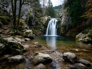 Fototapeta premium Scenic natural landscape with a tall cascading waterfall flowing into a rocky river surrounded by lush green trees and rugged cliffs