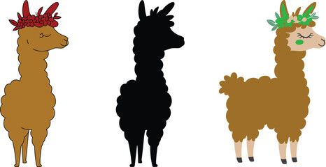 Naklejka premium Cute floral-crowned llamas illustration, adorable alpaca characters, kawaii farm animal art, boho style décor design, charming cartoon llama set