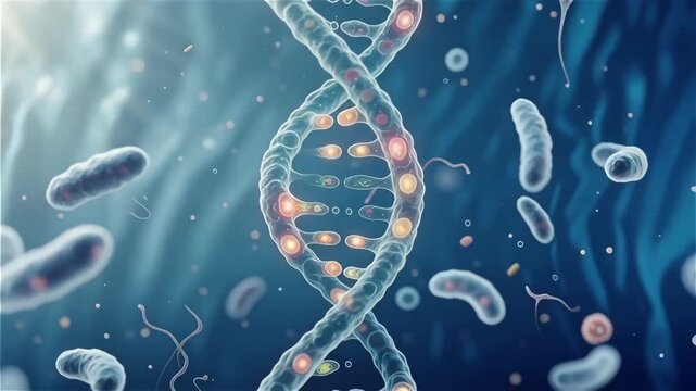 A detailed 3D rendering of a translucent DNA double helix structure with glowing molecular bonds in a blue biological environment.
