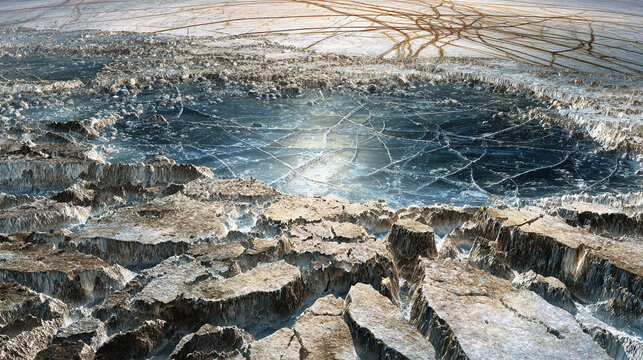 A stunning high-angle shot showcasing a cracked ice landscape and a frozen lake. The landscape exhibits various ice fractures
