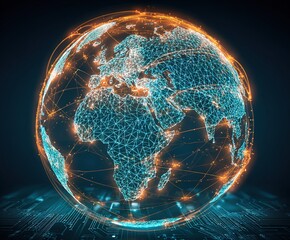 Digital globe with network connections and glowing lines across continents shows global communication in technology at night