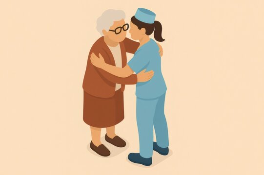 Elderly woman hugging a healthcare worker, expressing thanks and appreciation for the support and assistance