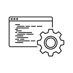 Black line art of code window and gear icon on white background coding programming
