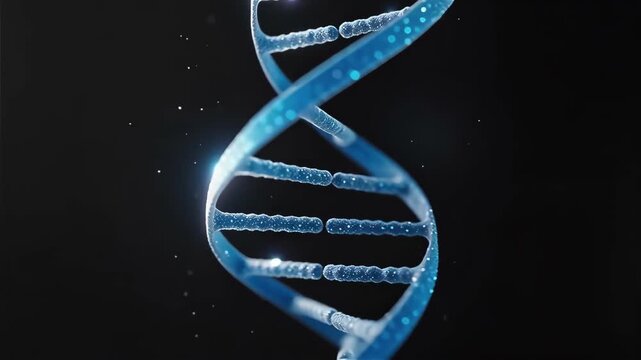 A glowing blue digital representation of a DNA double helix structure with sparkling particles on a dark background.