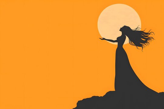 Silhouette of woman against backdrop of sun,concept feminine strength,self-acceptance,visual metaphor for feminine strength,awakening,idea of self-acceptance,for articles,blogs about self-development