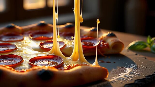 Steaming hot pepperoni pizza slice lifted with stretching melted mozzarella cheese strings in a cinematic macro shot, ideal for delicious fast food advertising.