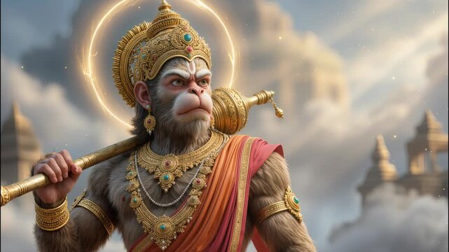 Majestic Mythological Monkey Warrior with Golden Crown and Mace