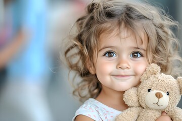 Smiling little girl hugging bear,finding comfort in her toy,concept of role of toys in refugee camps,toys as emotional support,children psyche, psychological help,emotional state in refugee camps