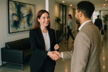 Smiling businesswoman shaking hands with a partner in a modern office, a sign of respect, trust, and a strong business connection