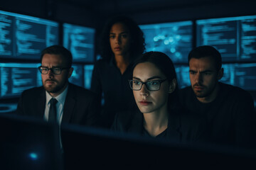 Cybersecurity team intently monitoring data streams in a dark modern office, protecting digital assets with focus and expertise, data privacy matters