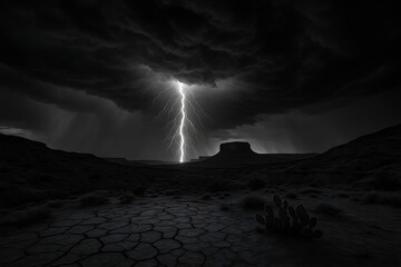 Dramatic lightning strikes barren landscape, evoking powerful stormy atmosphere, perfect for impactful visuals, conveying nature's raw energy and strength