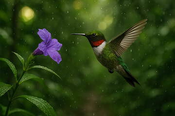 Fototapeta premium Elegant hummingbird gracefully reaching for vibrant purple flower in gentle rain, a moment of natural wonder and delicate beauty in lush greenery