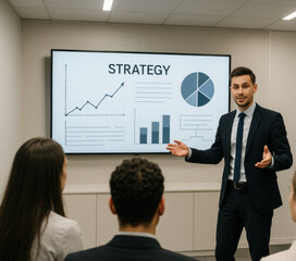 Dynamic business presentation showcasing growth strategy to engaged audience in modern boardroom, driving success, inspiring action, and fostering collaboration