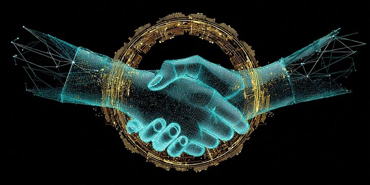 Digital handshake representing partnership and collaboration between two entities in a virtual space