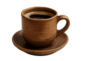 Coffee in a rustic ceramic mug and saucer, dark beverage isolated on transparent background, warm drink