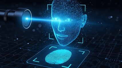 Cutting-edge biometric security system with fingerprint and facial recognition technology, a futuristic blue glow for identity verification and access control