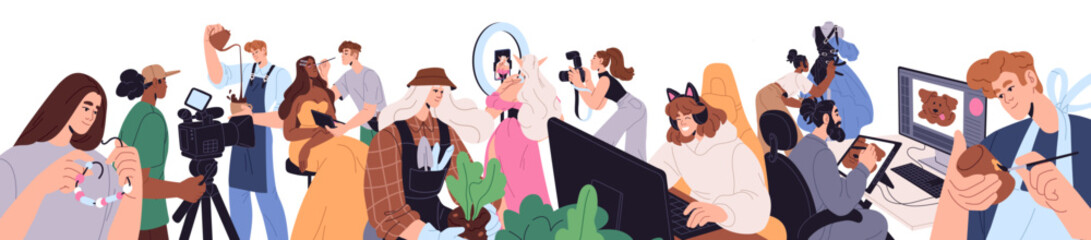 Banner with different creative professions, hobbies, works. Artists, artisans, musicians, photographers, illustrators create art, fashion designs, paintings, photos, makeup. Flat vector illustration. © Paper Trident