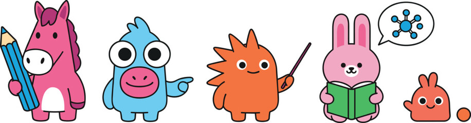 Adorable Cartoon Monsters and Animals Vector Set Engaged in Learning, Including a Reading Bunny, a Teaching Character, and a Unicorn with a Pencil, Ideal for Education Themes.