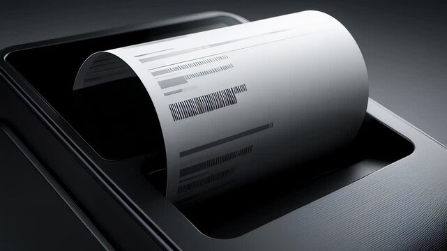 Modern black POS terminal printing a transaction receipt in a cinematic 3D animation, illustrating retail finance and payment processing concepts.