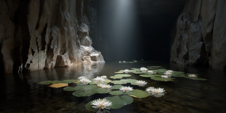 Serene cave with sunlit water lilies on a tranquil water surface