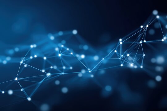 Abstract blue digital network: glowing connections on dark background