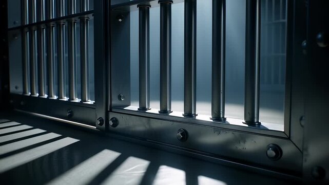 Heavy steel prison bars sliding shut in a dark cell with dramatic volumetric light rays and shadows, cinematic 3D animation illustrating incarceration and justice concepts.