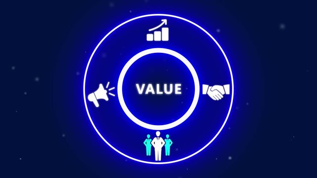 Neon Circle with Icons Representing Value Proposition and Business Success on a Dark Red Background finance