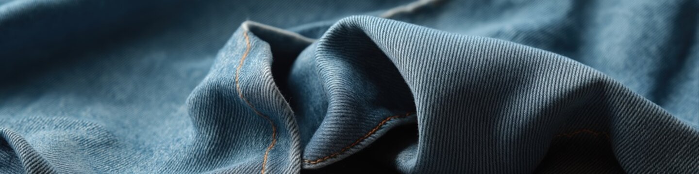 Close-up of blue denim fabric with orange stitching details