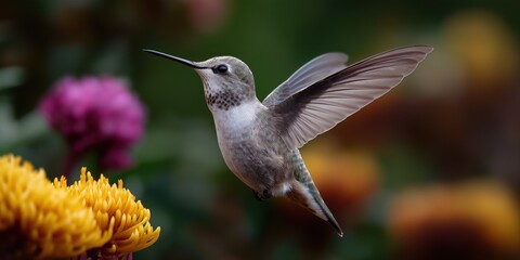 Hummingbird hovering near vibrant flowers in garden setting