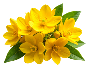  - Bright yellow flower cluster with green leaves, botanical cut-out PNG 