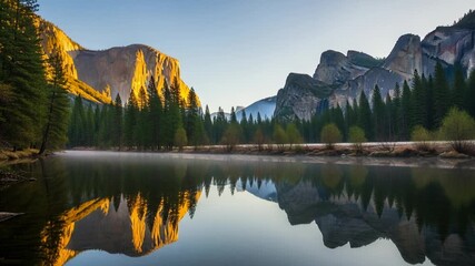 Experience the majestic beauty of Yosemite Valley at dawn with stunning mountain reflections dancing on the tranquil river, a vibrant landscape perfect for travel and adventure promotions