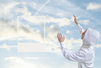 man in white hoodie reaching up towards cloudy sky, cloud dancer, arms outstretched, spiritual...