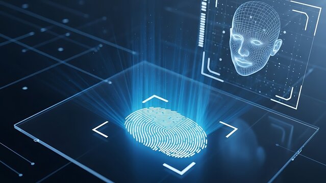 Futuristic fingerprint and face scan biometric security concept for tech innovation, digital identity verification and cybersecurity protection