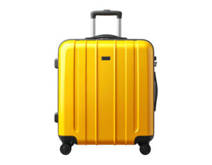  - Bright yellow hard-shell suitcase front view, modern luggage with wheels, isolated PNG 