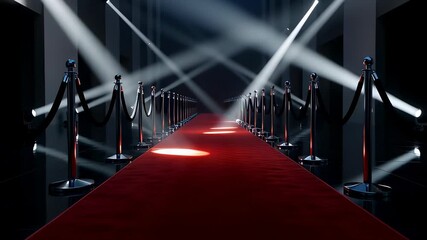 Cinematic red carpet entrance with scanning spotlights and velvet ropes in a dark 3D animation, perfect for VIP awards backgrounds.