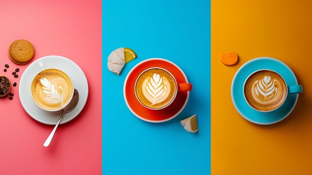 Three colorful scenes display carefully crafted cups of coffee with latte art arranged against vibrant backgrounds