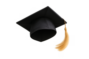 Black graduation cap with golden tassel symbolizing academic success and achieving educational goals, transparent background