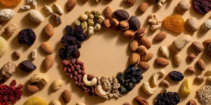Assorted Nuts and Dried Fruits Arranged in Heart Shape on Neutral Background for Healthy Eating or Snack Concept