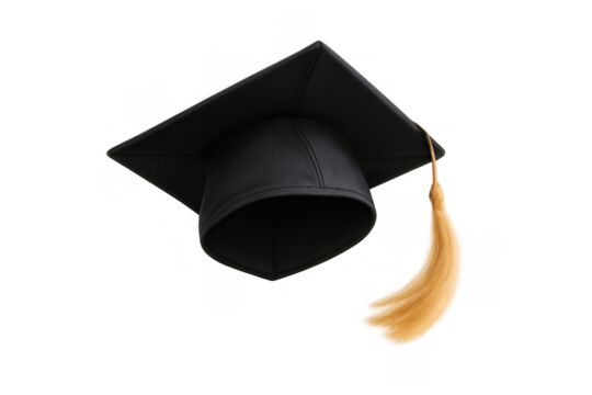 Black graduation cap with golden tassel symbolizing academic success and achieving educational goals, transparent background