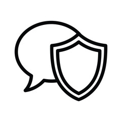 Black outline speech bubble and shield icon on white background chat bubble protection