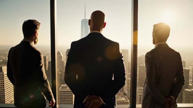 Three businessmen in suits looking out of a highrise office window at a sunlit cityscape, symbolizing success and vision