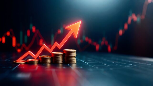 Investment in gold bars, economic growth, profit from securities stocks. save money for investment, growing stock funding exchange chart arrow going up. concept of growing economy. dark background