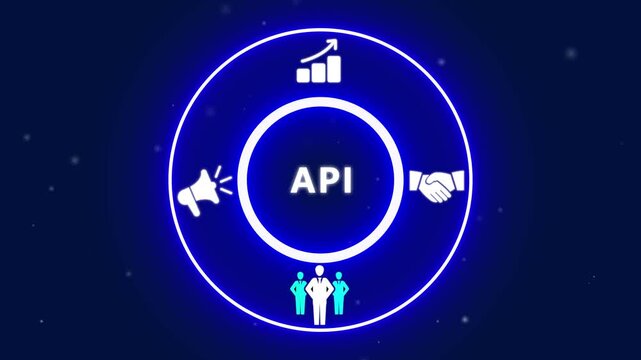 Glowing blue Circle with API Symbol and Business Icons on Dark Background application programming interface