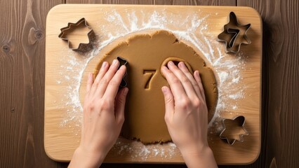Overhead shot of hands decorating a gingerbread with number 75 surrounded by flour and cookie cutters on a wooden board against a wooden table background with warm tones.