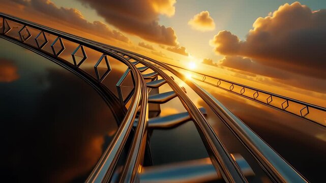 Metallic roller coaster rails twisting through a golden sunset sky over reflective water in a cinematic 3D animation, symbolizing thrill and adventure