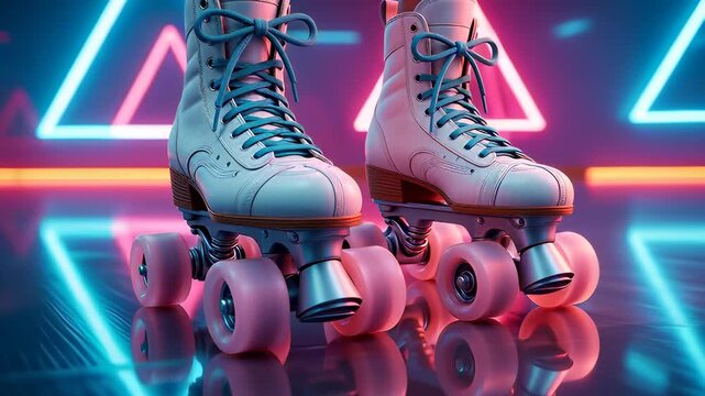 White roller skates on a reflective surface amidst neon pink triangles and blue lights in a seamless 3D animation, depicting a retro synthwave disco concept.
