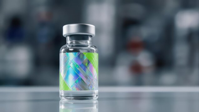 Vaccine vial with colorful label on blurred background.