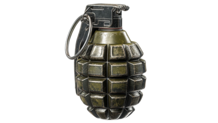 PNG of A detailed view of a military-grade hand grenade with a metallic finish and textured surface, emphasizing its rugged design.